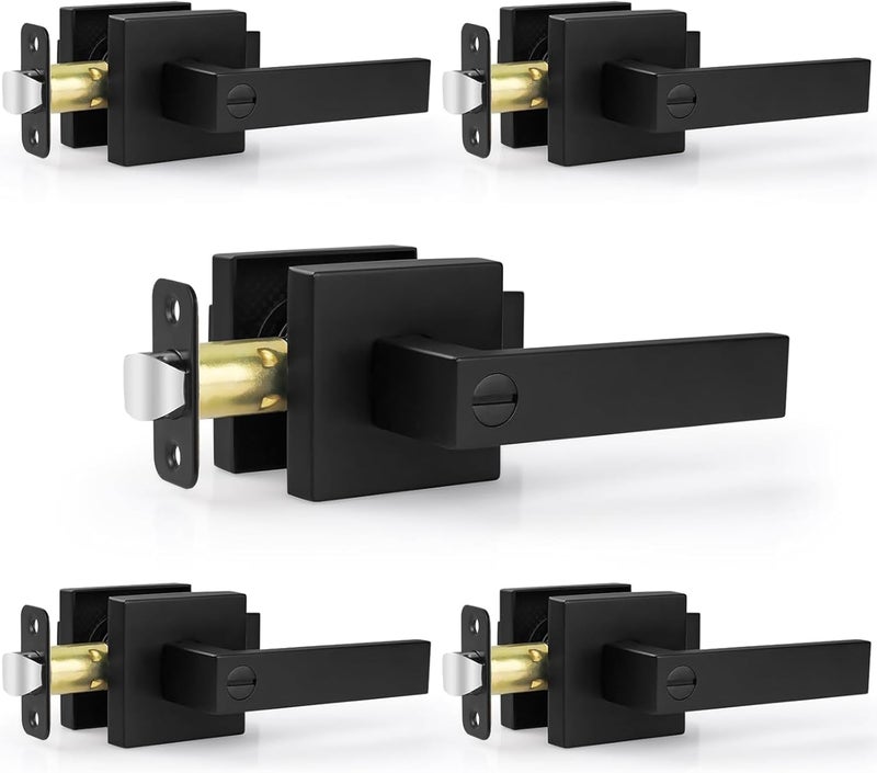 Estmoon 5 Pack Matte Black Door Handles Interior Door Knobs, Home Improvement Keyless Privacy Door Lock, Heavy Duty Zinc Alloy 2.07 lb Door Leverset for Bedrooms Bathrooms - Image 1