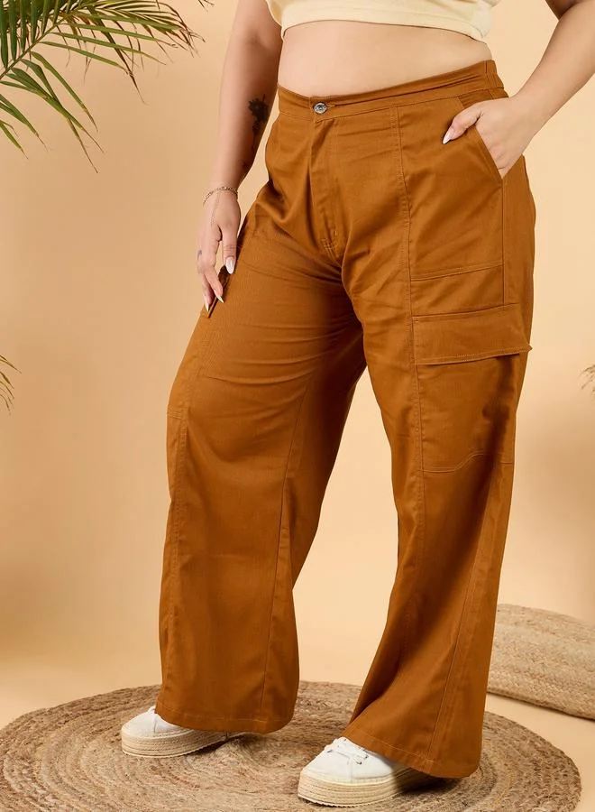 STREET 9 Plus Size Mid Rise Wide Leg Cotton Trousers