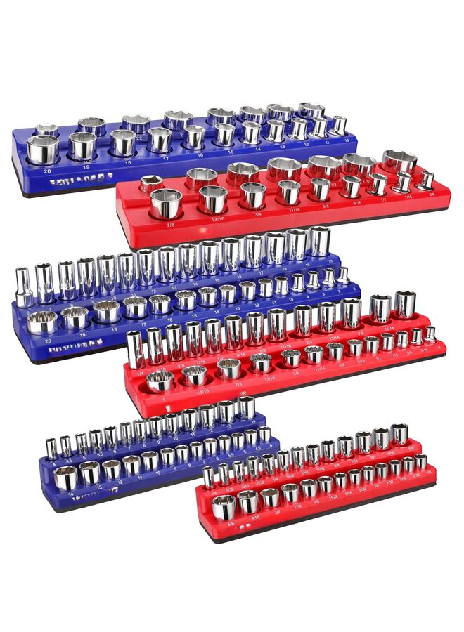 Magnetic Socket Organizer Set, 6-Piece Socket Holder Set Includes 1/4", 3/8", 1/2" Drive Metric Socket Trays, Holds 141 Pieces Standard Size and Deep Size Sockets - Image 1