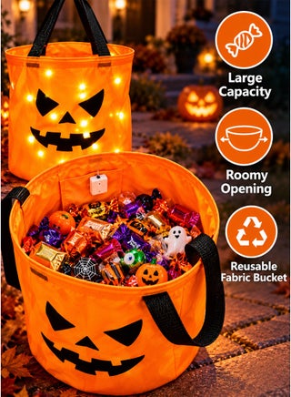 دلاء «تريك أور تريت»، عبوة من قطعتين من أكياس الحلوى على شكل يقطينة برتقالية اللون مزودة بأضواء LED للأطفال، سلة حلوى للحفلات - view 5