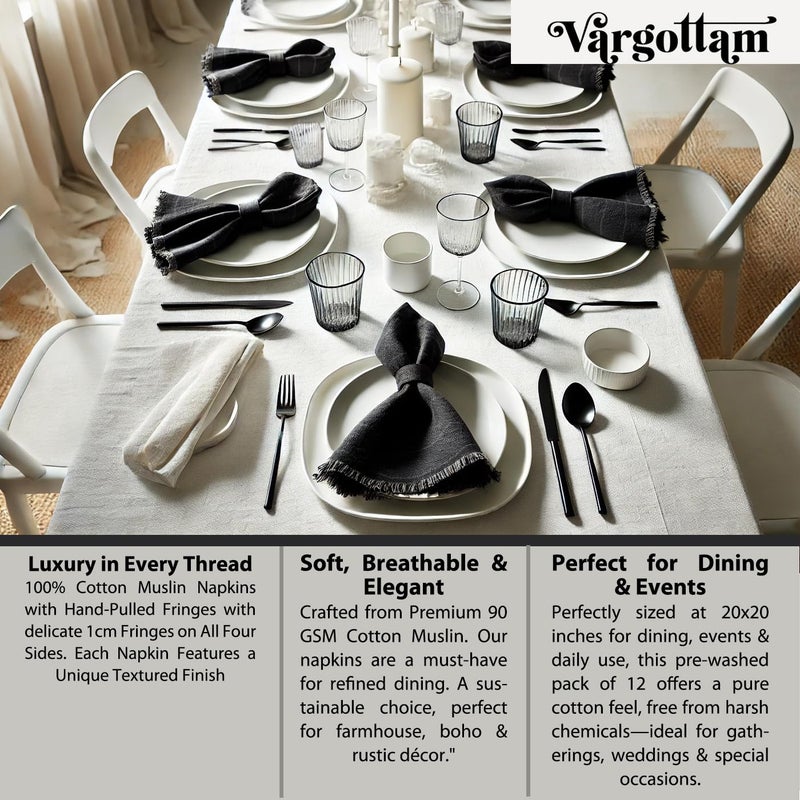 Vargottam Solid Cotton Muslin Napkins with Fringed Edges – 12 Pack | Reusable 20"x20" Cloth Napkins with Subtle Check Texture | Soft Dining Napkins for Weddings, Party, Elegant Dining, Brunches -Black - Image 5