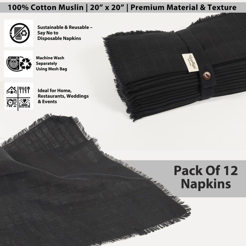 Vargottam Solid Cotton Muslin Napkins with Fringed Edges – 12 Pack | Reusable 20"x20" Cloth Napkins with Subtle Check Texture | Soft Dining Napkins for Weddings, Party, Elegant Dining, Brunches -Black - Image 4