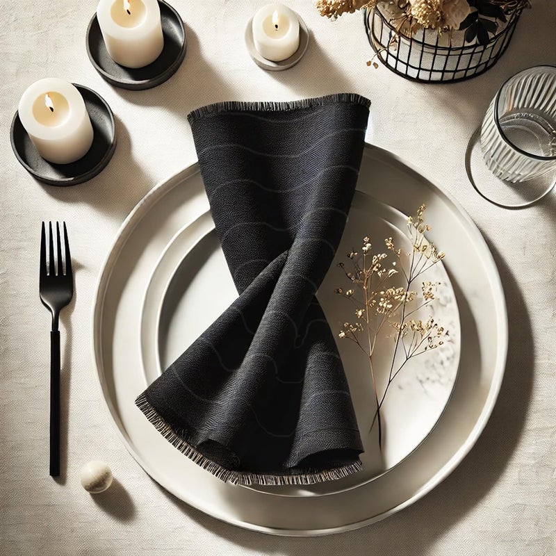 Vargottam Solid Cotton Muslin Napkins with Fringed Edges – 12 Pack | Reusable 20"x20" Cloth Napkins with Subtle Check Texture | Soft Dining Napkins for Weddings, Party, Elegant Dining, Brunches -Black - Image 1