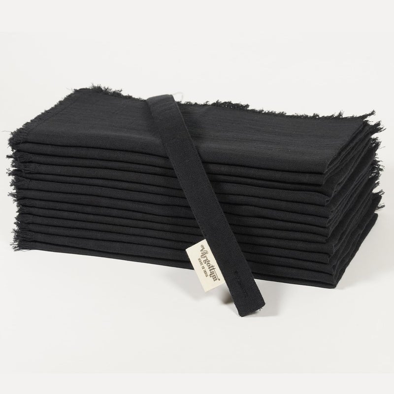 Vargottam Solid Cotton Muslin Napkins with Fringed Edges – 12 Pack | Reusable 20"x20" Cloth Napkins with Subtle Check Texture | Soft Dining Napkins for Weddings, Party, Elegant Dining, Brunches -Black - Image 2