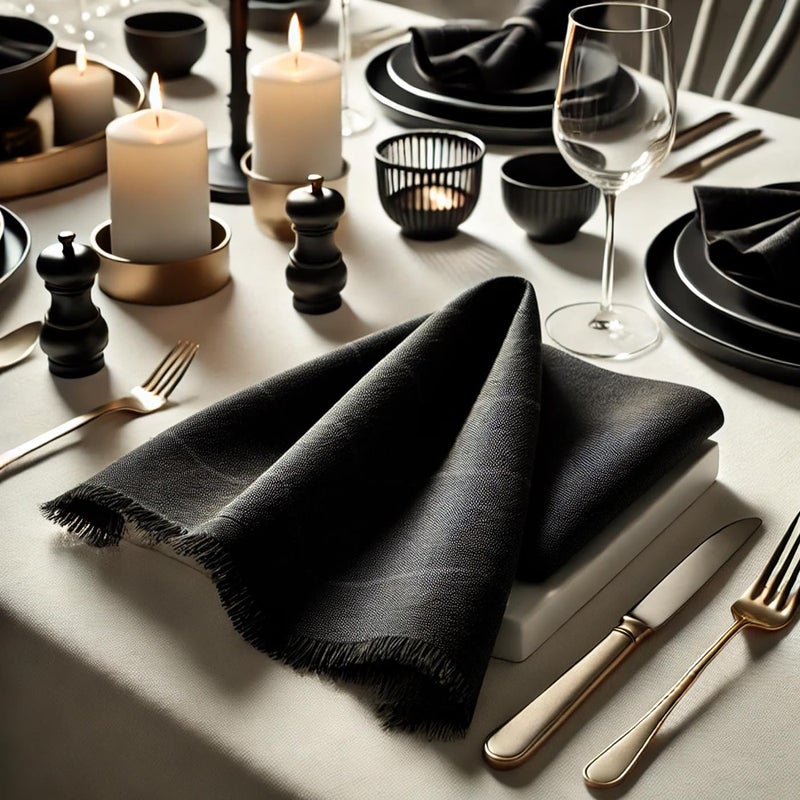 Vargottam Solid Cotton Muslin Napkins with Fringed Edges – 12 Pack | Reusable 20"x20" Cloth Napkins with Subtle Check Texture | Soft Dining Napkins for Weddings, Party, Elegant Dining, Brunches -Black - Image 3