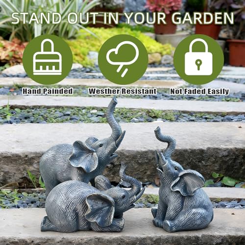 LEGIFO Garden Decor Elephant Statue Set of 3, Resin Outdoor Sculpture for Yard, Patio & Lawn - Unique White Elephant Figurines, Christmas Birthday Gift for Women, Mom, Grandma & Family - Image 2
