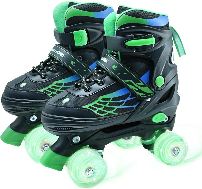 WELLWON Adjustable Roller Skates for Kids with Light Up Wheels - Green - Image 1