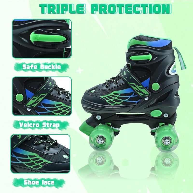 WELLWON Adjustable Roller Skates for Kids with Light Up Wheels - Green - Image 2