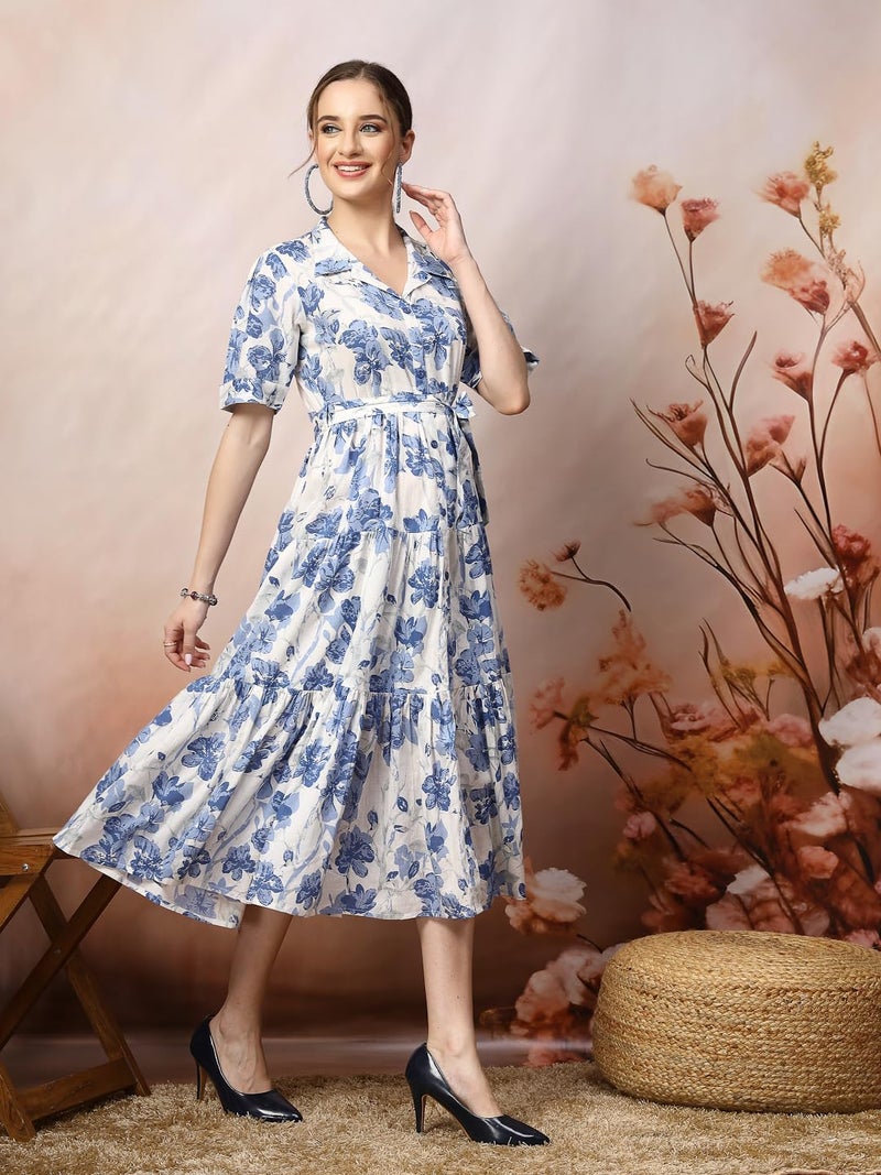 Stylum Women's Blue Floral Printed Cotton Flared Dress - Image 3