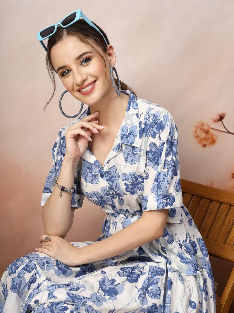 Stylum Women's Blue Floral Printed Cotton Flared Dress - Image 5