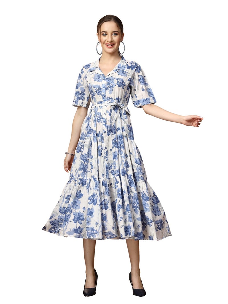 Stylum Women's Blue Floral Printed Cotton Flared Dress - Image 1