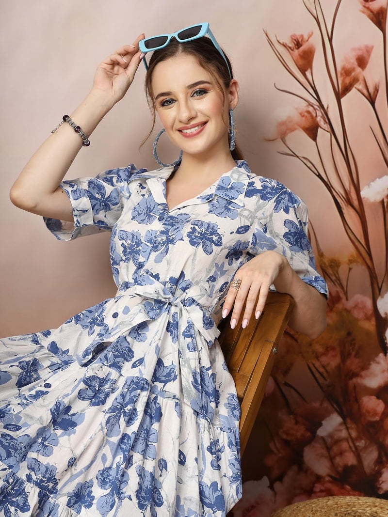 Stylum Women's Blue Floral Printed Cotton Flared Dress - Image 4