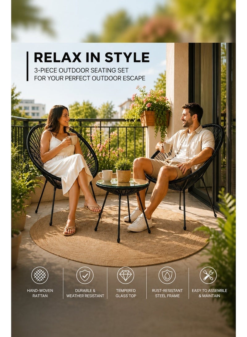 GAIA Home Outdoor Balcony Table and Chair Set 2+1 with Glass Top and Rattan Style Design black - Image 2