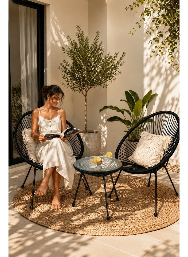 GAIA Home Outdoor Balcony Table and Chair Set 2+1 with Glass Top and Rattan Style Design black - Image 1