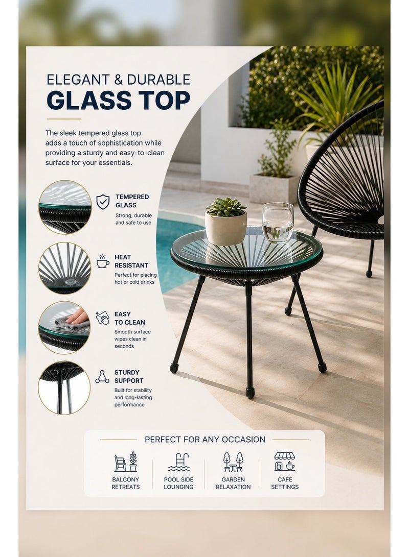 GAIA Home Outdoor Balcony Table and Chair Set 2+1 with Glass Top and Rattan Style Design black - Image 4