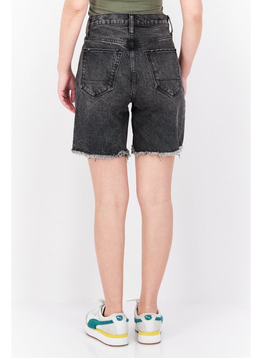 Earnest Sewn Women Regular Fit Washed Denim Shorts, Black  - Image 2