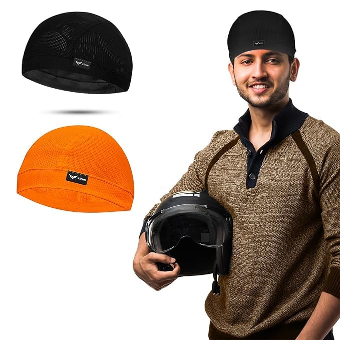 XTRIM Unisex Helmet Skull Cap for Bikers & Cyclists, Cotton Head Cap, Hair Inner Helmet Cap for Men, Sweat Cooling Beanie Cap for Men for Women, Skull Mask for Bike (Pack of 2, Orange & Black) - Image 1