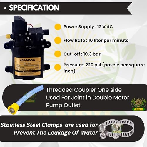 Agriansh 12v DC Motor Kit Water Pump Battery Sprayer Double Motor High Pressure Pump 220 Psi Battery Sprayer for Agriculture, Bike Washing Booster Pump for Water Pressure Home Small Water Pump Machine - Image 2