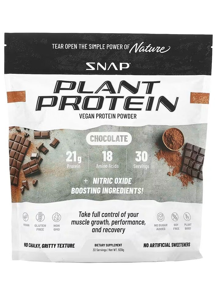 SNAP SUPPLEMENTS Plant Protein Vegan Protein Powder, Chocolate 21g Protein 18 Amino Acids 30 Servings + Nitric Oxide boosting Ingredients,No Aritificial Flavors or Sweeteners ,No Chalky,Gritty Texture  Dietary Supplement 30 Servings net WT 939g  - Image 1