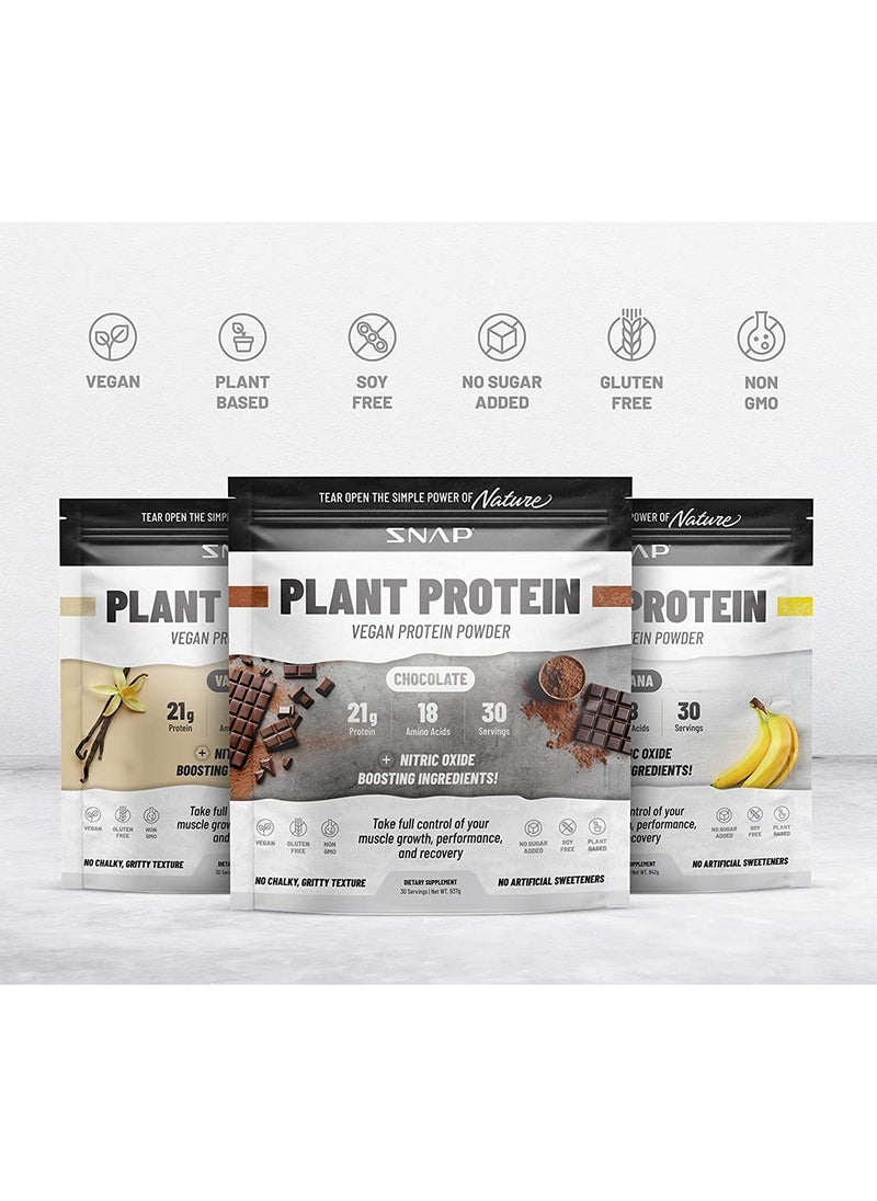SNAP SUPPLEMENTS - Plant Protein Vegan Protein Powder, Chocolate 21g Protein 18 Amino Acids 30 Servings + Nitric Oxide boosting Ingredients,No Aritificial Flavors or Sweeteners ,No Chalky,Gritty Texture  Dietary Supplement 30 Servings net WT 939g - Image 1