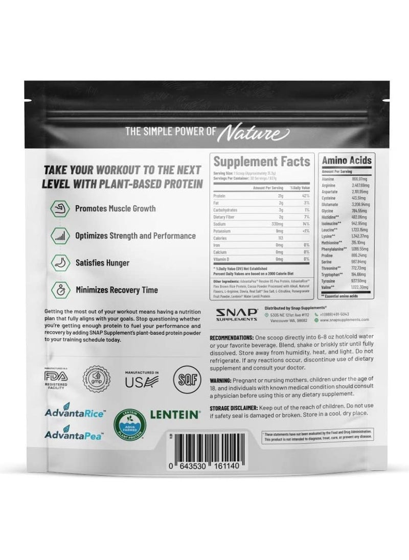 SNAP SUPPLEMENTS - Plant Protein Vegan Protein Powder, Chocolate 21g Protein 18 Amino Acids 30 Servings + Nitric Oxide boosting Ingredients,No Aritificial Flavors or Sweeteners ,No Chalky,Gritty Texture  Dietary Supplement 30 Servings net WT 939g - Image 1