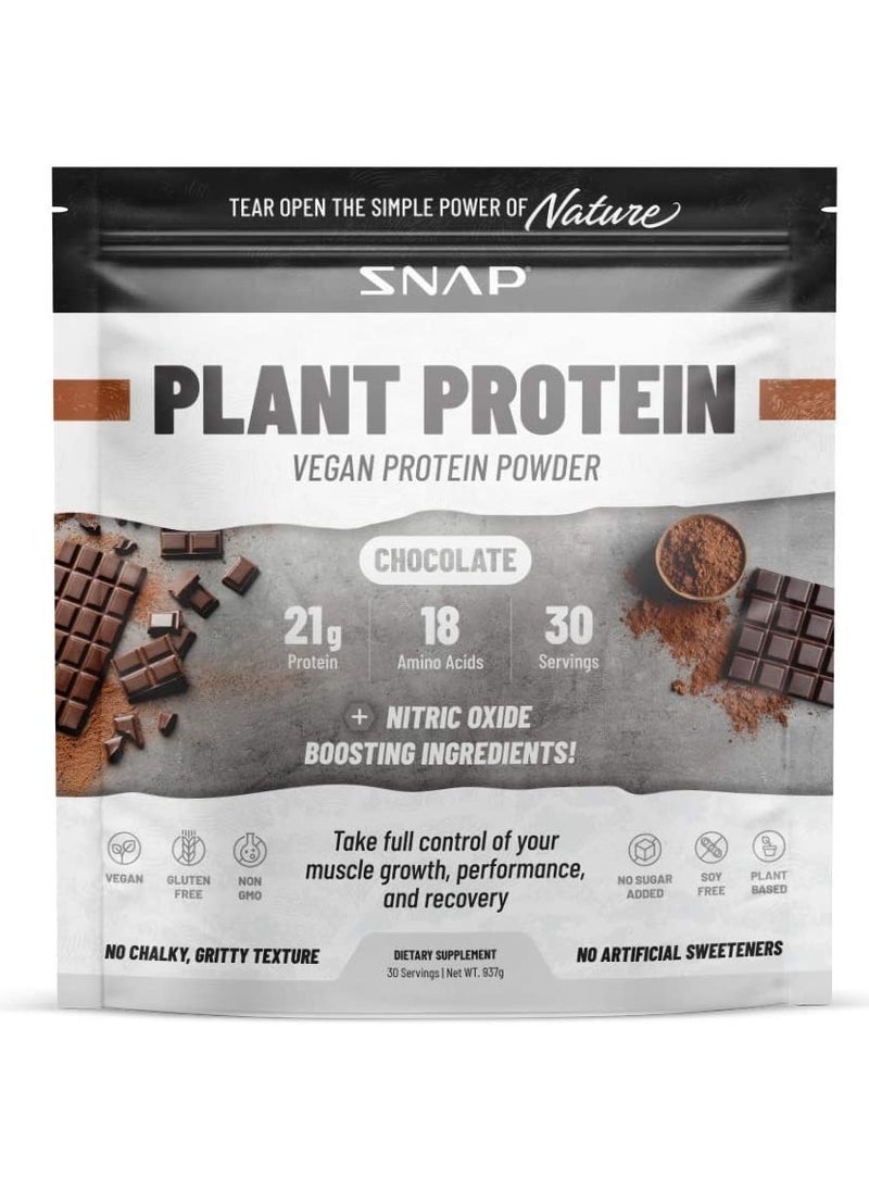 SNAP SUPPLEMENTS - Plant Protein Vegan Protein Powder, Chocolate 21g Protein 18 Amino Acids 30 Servings + Nitric Oxide boosting Ingredients,No Aritificial Flavors or Sweeteners ,No Chalky,Gritty Texture  Dietary Supplement 30 Servings net WT 939g - Image 1