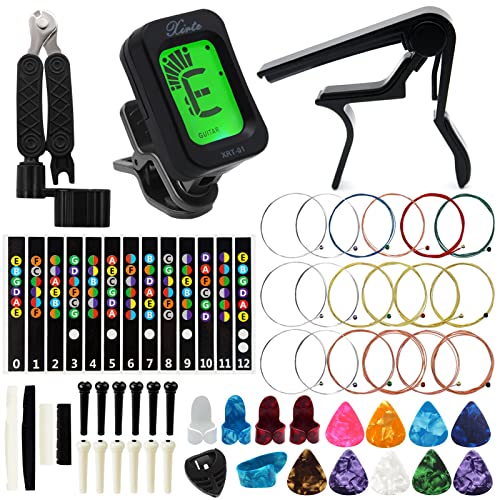 Anvin Acoustic Guitar Accessories Kit - Including Guitar Strings, Tuner, Capo, Restring Tool, Pick Holder, Bridge Pins, Guitar Nuts and Saddles, Finger Picks (53 Pcs) - Image 1