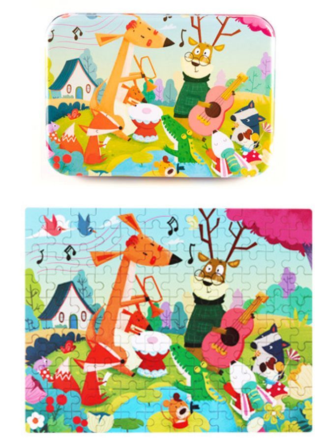 Wooden Jigsaw 120 Pieces Cartoon Animals Fairy Tales Puzzles Children Wood Early Learning Set Montessori Education Toy Kids Gift, Happy Animals - Image 1