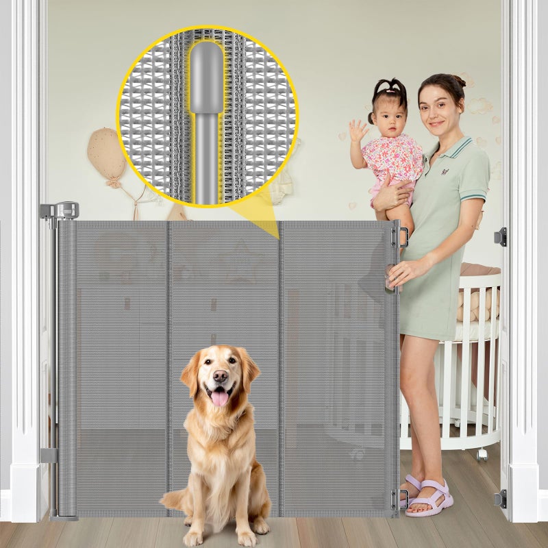 Bingguz Reinforced 42â€ Extra Tall Pet Gate for Doorways, Extends up to 60â€ Wide, Extra Tall Retractable Baby Gates with Rods to Prevent Crawling Through Retractable Mesh Dog Gate Indoor Outdoor, Gray - Image 1