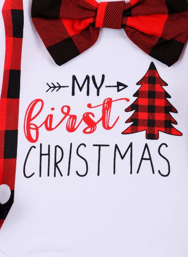 bilison Infant Baby Boy Christmas Outfit My First Christmas Gentleman Romper Red Plaid Pants with Hat Clothes Sets - Image 4