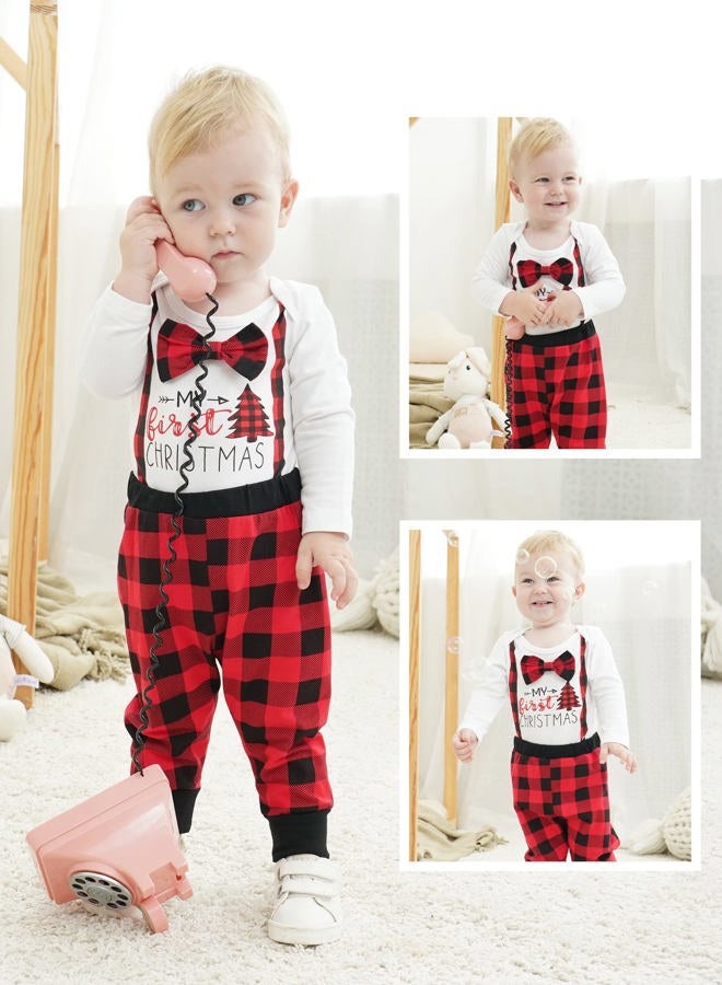 bilison Infant Baby Boy Christmas Outfit My First Christmas Gentleman Romper Red Plaid Pants with Hat Clothes Sets - Image 2
