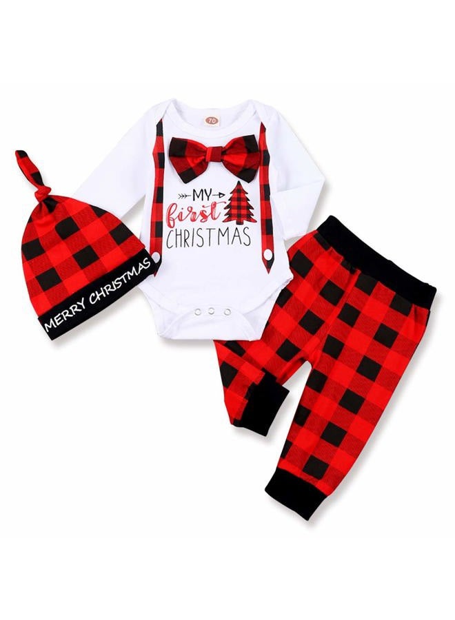 bilison Infant Baby Boy Christmas Outfit My First Christmas Gentleman Romper Red Plaid Pants with Hat Clothes Sets - Image 1