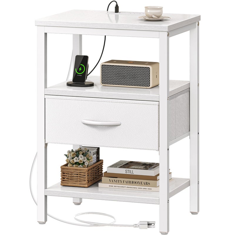 SUPERJARE Nightstand with Charging Station Bed Side Table with Adjustable Fabric Drawer Night Stand for Bedroom 3Tier Storage End Table for Living Room White