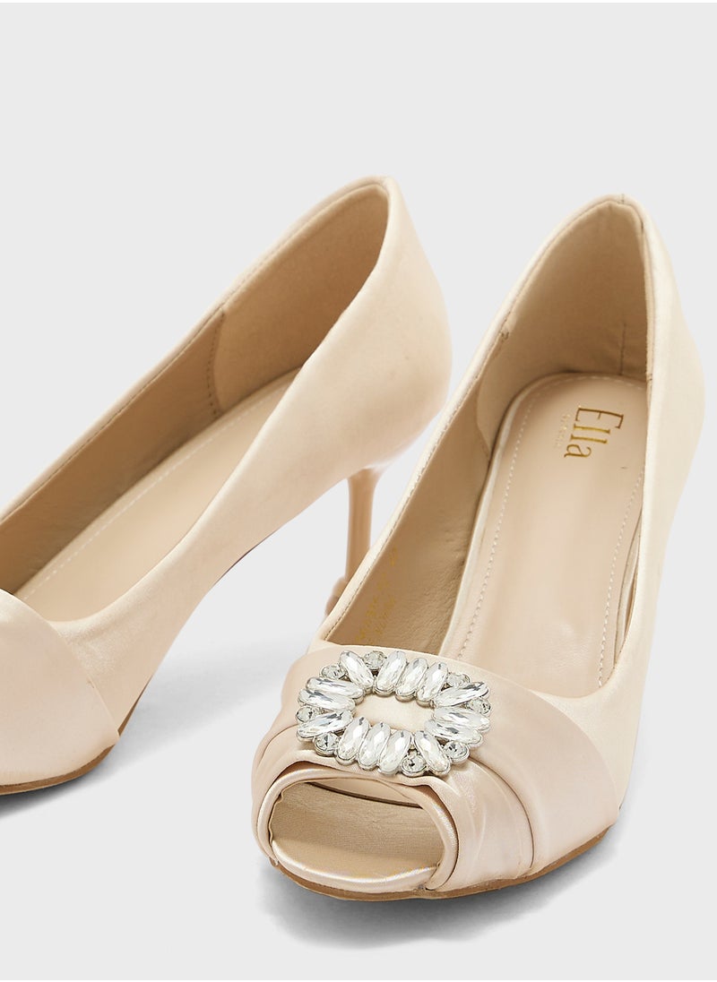Ella Limited Edition Diamante Trim Pleated Peep Toe  Pump  - Image 4