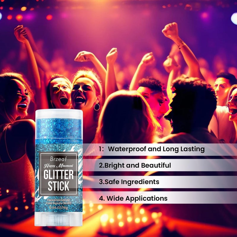 Brzeaf Waterproof Blue Glitter Stick, Christmas Festival Rave Accessories, Safe Ingredients & Long Lasting, Hair Eyeshadow Face Glitter Stick, Singer Concert Music Rave Festival, Glitter Makeup - Image 2
