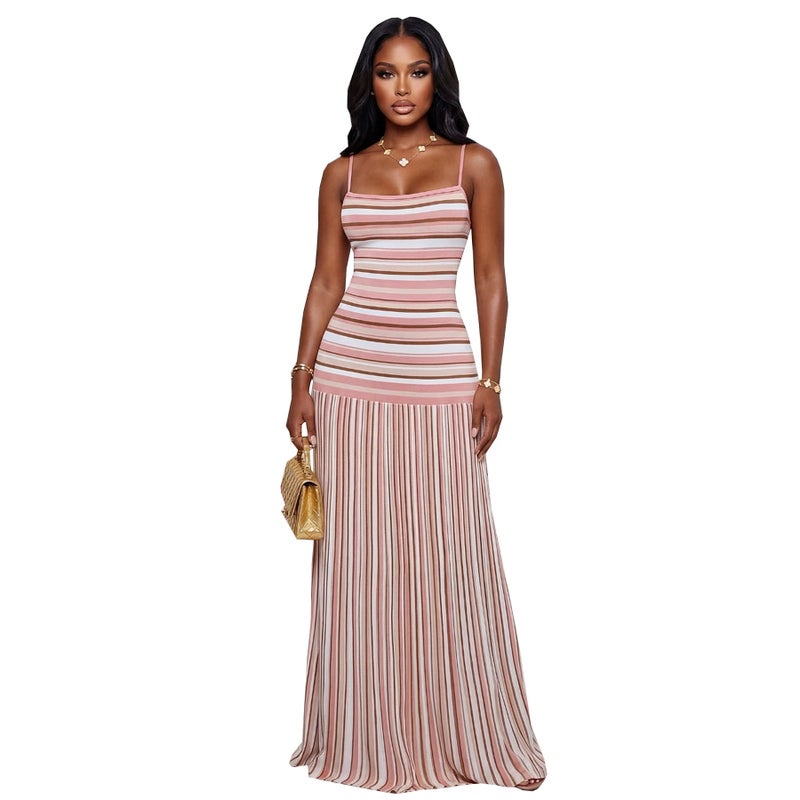 Women's Summer Strappy Contrast Stripe Color Block Maxi Dress - Image 4