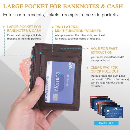 Contacts Credit Card Wallet, RFID Blocking Genuine Leather Card Holder Anti Theft (1 Zipper compartments, 6 Card Slots & 1 ID/Photo Window) Slim Pocket Purse for Men & Women Brown… - Image 2