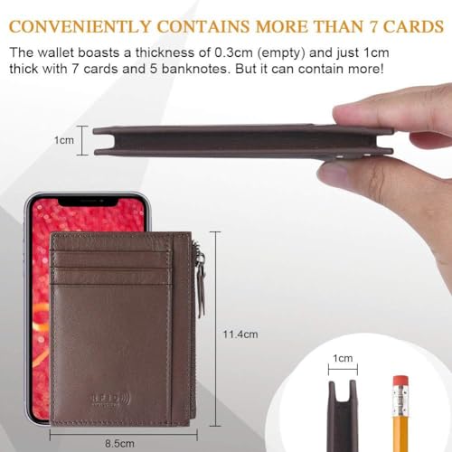 Contacts Credit Card Wallet, RFID Blocking Genuine Leather Card Holder Anti Theft (1 Zipper compartments, 6 Card Slots & 1 ID/Photo Window) Slim Pocket Purse for Men & Women Brown… - Image 3