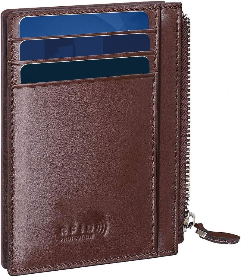 Contacts Credit Card Wallet, RFID Blocking Genuine Leather Card Holder Anti Theft (1 Zipper compartments, 6 Card Slots & 1 ID/Photo Window) Slim Pocket Purse for Men & Women Brown… - Image 1