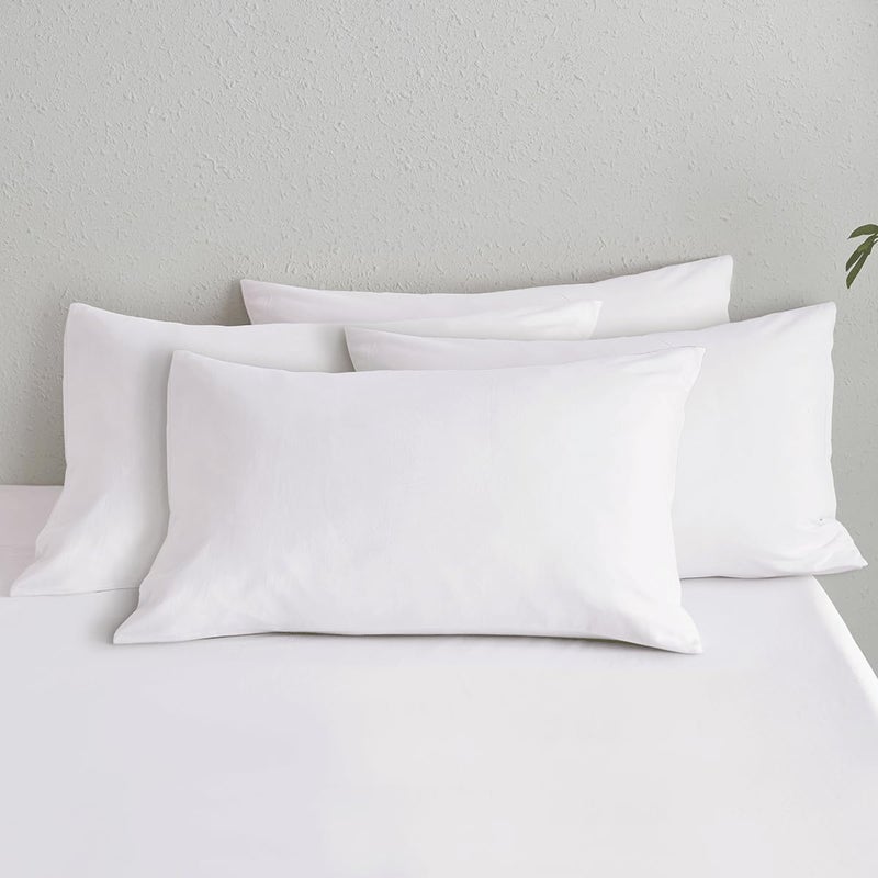 MooMee Bedding Pillowcases Pack of 4 100% Washed Cotton Linen Like Textured Breathable Durable Soft Comfy (Bright White  Standard) - Image 1