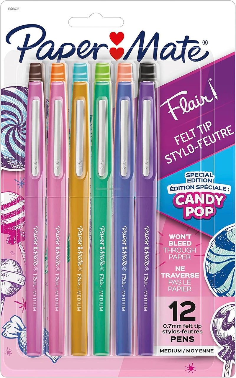 Paper Mate Flair Felt Tip Pens, Medium Point (0.7mm), Limited Edition Candy Pop Pack, Assorted Colors, 12 Count - Image 1