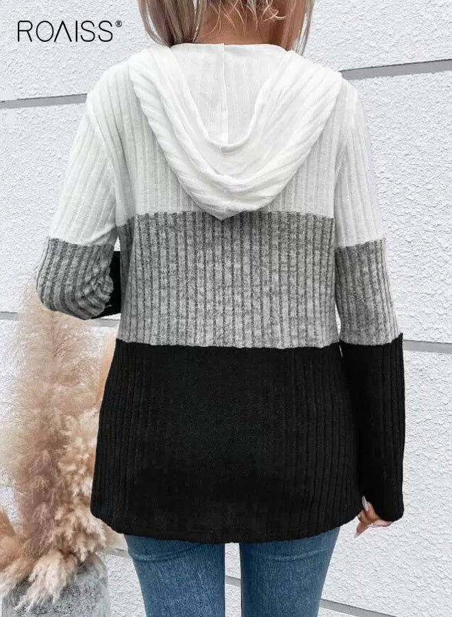 رويس هودي نسائي كاجوال بسحاب وخطوط ملونة مع نسيج مضلع، وغطاء رأس برباط قابل للتعديل وتصميم بأكمام طويلة للربيع والخريف، بلوفر قابل للغسل في الغسالة لملابس الشارع - Image 3