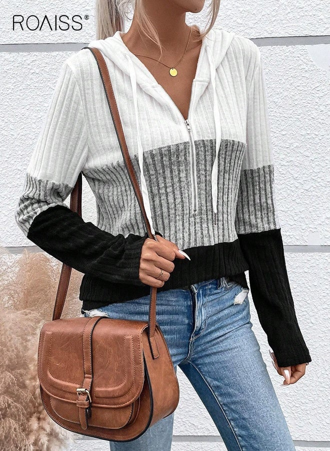 رويس هودي نسائي كاجوال بسحاب وخطوط ملونة مع نسيج مضلع، وغطاء رأس برباط قابل للتعديل وتصميم بأكمام طويلة للربيع والخريف، بلوفر قابل للغسل في الغسالة لملابس الشارع - Image 1