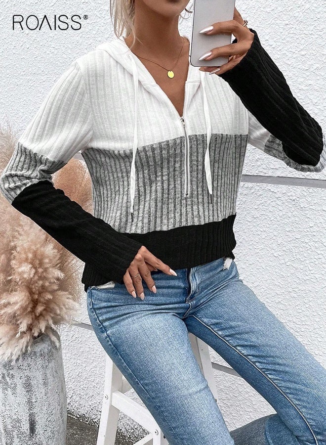 رويس هودي نسائي كاجوال بسحاب وخطوط ملونة مع نسيج مضلع، وغطاء رأس برباط قابل للتعديل وتصميم بأكمام طويلة للربيع والخريف، بلوفر قابل للغسل في الغسالة لملابس الشارع - Image 2