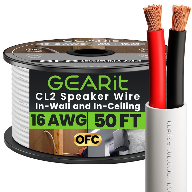 GearIT 16/2 Speaker Wire (50 Feet) 16AWG Gauge - in Wall Audio Speaker Wire Cable / CL2 Rated / 2 Conductors - OFC Oxygen-Free Copper, White 50ft - Image 1