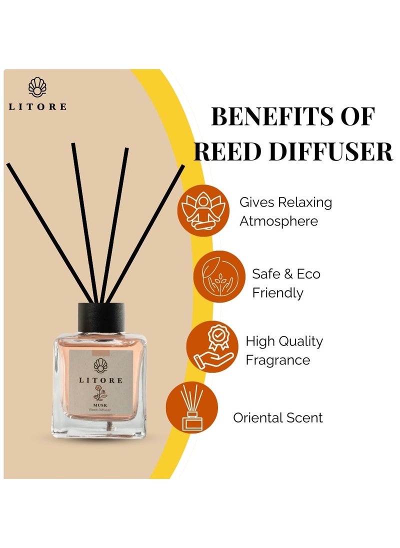 Litore - Litore Reed Diffuser - Musk Fragrance, 100ml | Long-Lasting Home Fragrance | Natural & Elegant Room Diffuser - Image 1