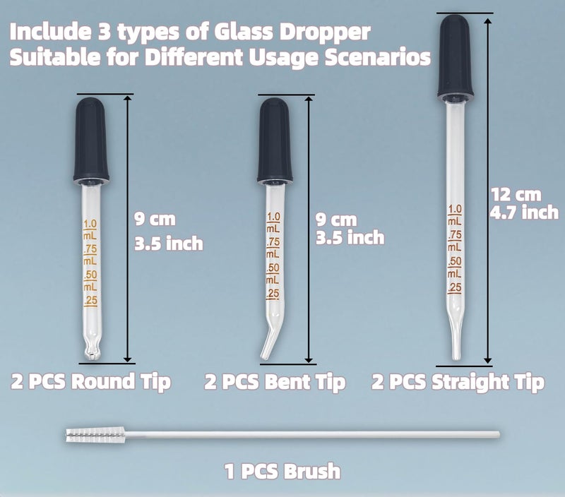 Atdcoek 6 Pack Glass Pipette Dropper with Brush - Bent & Straight Tips, 1 ml Eye Droppers for Essential Oils, Lab, Crafts, Measuring and Transferring Liquids - Image 2