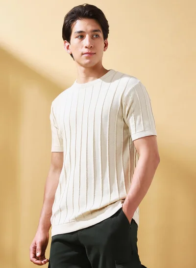 Dennis Lingo Men's Off White Cotton Self Designed Regular Fit T-Shirt