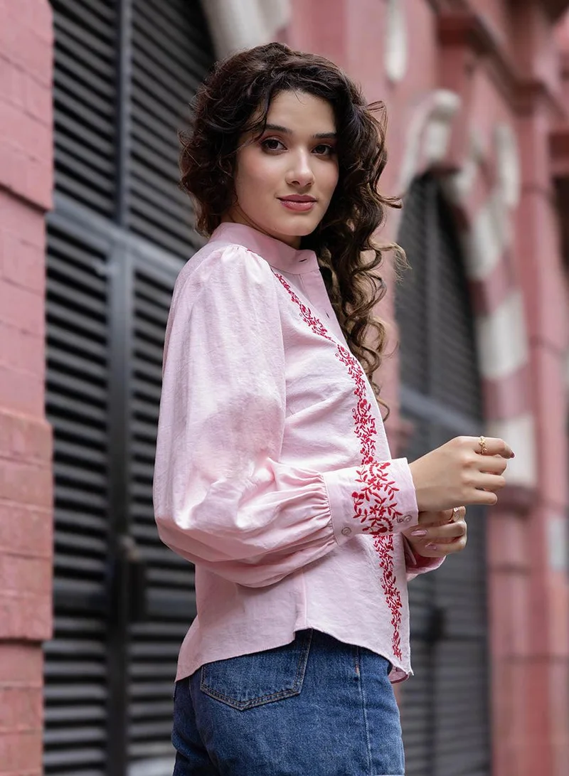 Zigzag  Mandarin Collar Sleeve Embroidered Top for Women | Best Price UAE