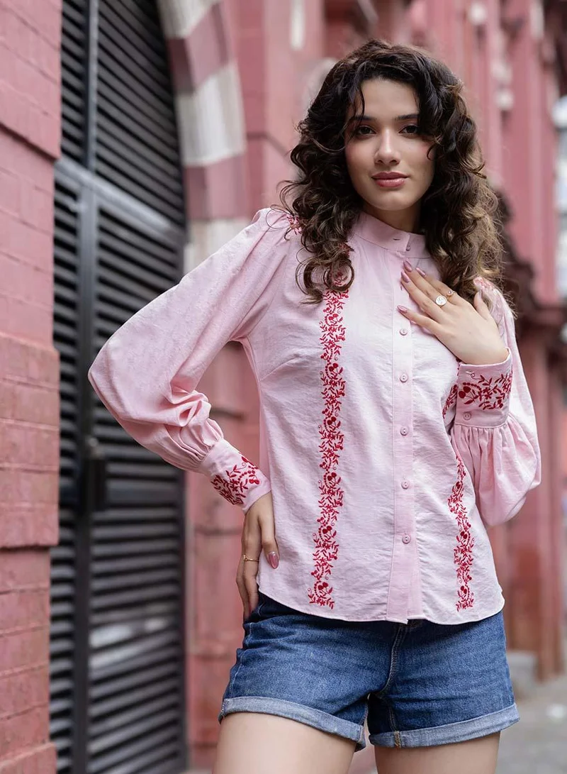 Zigzag Mandarin Collar Sleeve Embroidered Top